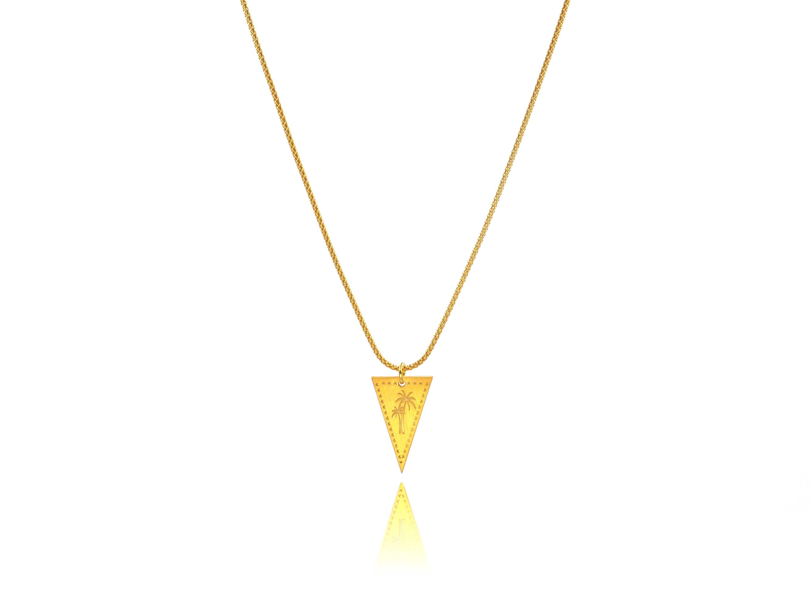 A necklace made of silver 925 gold plated chain and a triangle silver 925 charm plated in gold 24K, with a design'' palm trees''.