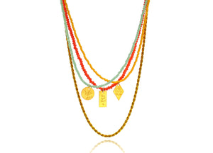 A combo of 4 different necklaces with miyuki beads, crystals, silver 925 gold plated chain, combined with silver 925 gold plated charms in various shapes. 