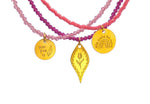 Load image into Gallery viewer, A combo in fucshia tones of 3 different necklaces with miyuki beads, semiprecious stones combined with silver 925 gold plated charms in various shapes and with different desinbgs - tulip - and messages like ´´never grow up´´ and ´´όλα καλά θα πάνε&#39;&#39;.
