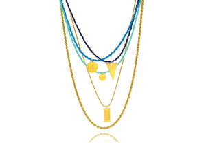A combo in blue tones of 5 necklaces made of japanese miyuki beads, silver 925 gold plated chain, combined with silver 925 gold plated round and triangle charms with messages.