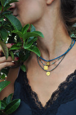 Load image into Gallery viewer, &#39;It&#39;s all wrong! Όλα λάθος!&#39; Gold, Teal and Lt Blue Miyuki Necklace
